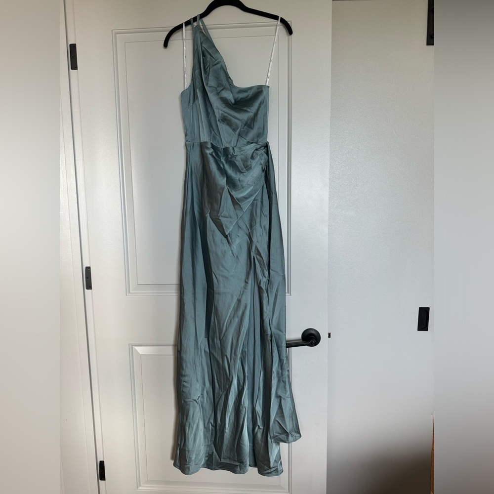 Signature elegance slate blue satin one-shoulder maxi dress from Lulus - small